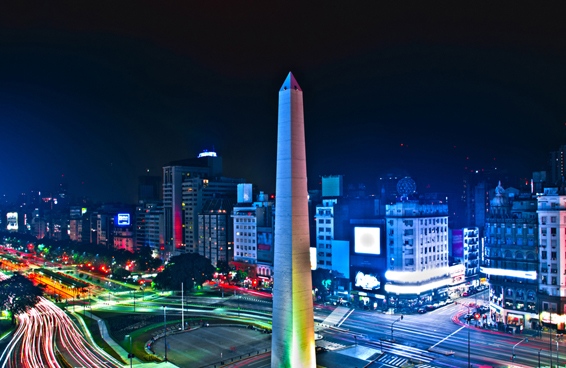 A panoramic shot of the Obelisk of Buenos Aires an iconic landmark in the city center illuminated at night