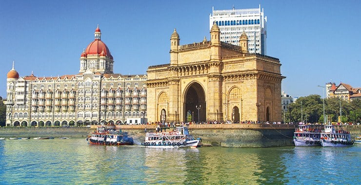 A panoramic view of the Gateway of India and the Taj Mahal Palace Hotel in Mumbai India