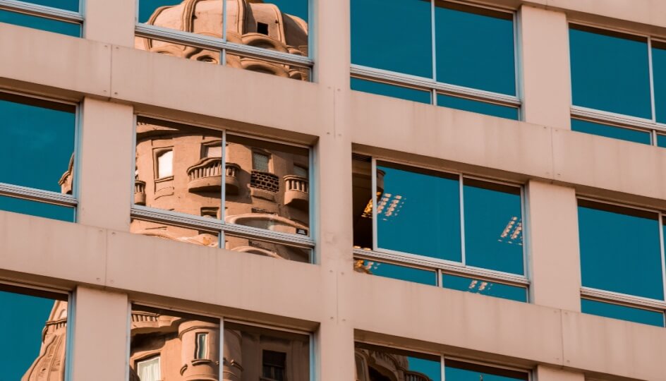 Building reflected on windows in Montevideo, Uruguay